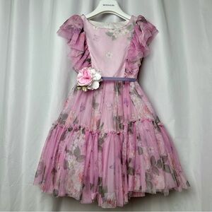 MonnaLisa Rose Print Tulle Pink Floral Dress with Ruffles